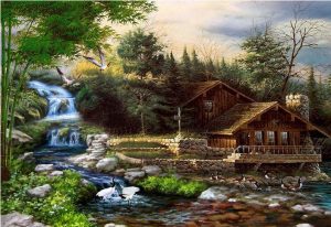 Cottage By Waterfall Paint By Numbers