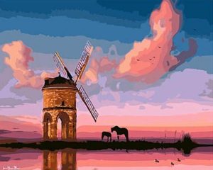Windmill And Pink Clouds Paint By Numbers