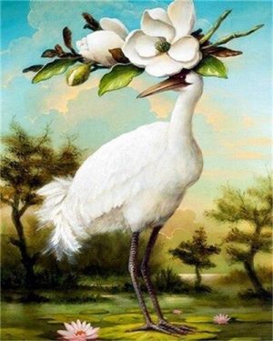 White Egret And Flowers Paint By Numbers