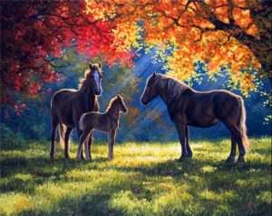 Horses Under Autumn Tree Paint By Numbers