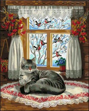 Grey Cat And Birds Paint By Numbers