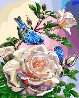 White Rose and Blue Birds Flowers Paint By Numbers