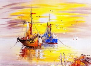 Warm Yellow Sunset and Ships Seascape Paint By Numbers