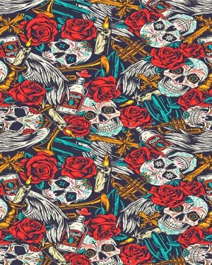 Skulls And Red Flowers Paint By Numbers