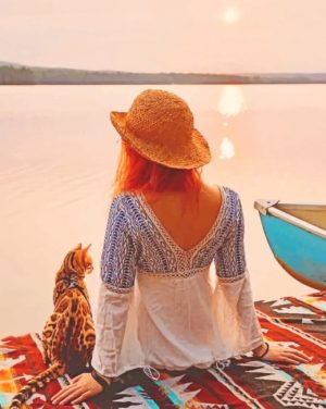 Woman And Cat By Lake Paint By Numbers