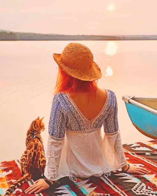 Woman And Cat By Lake Paint By Numbers