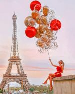 Girl Holding Balloons In Eiffel Tower Paint By Numbers