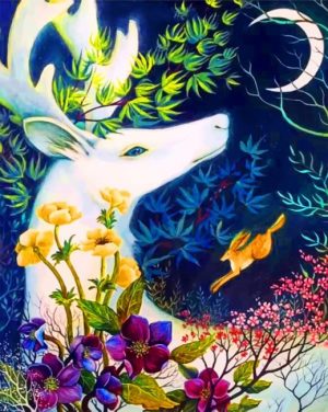White Deer And Blooms Paint By Numbers