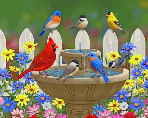 Birds On Fountain Paint By Numbers