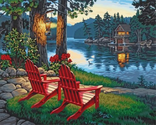 Red Chairs By Lake Paint By Numbers