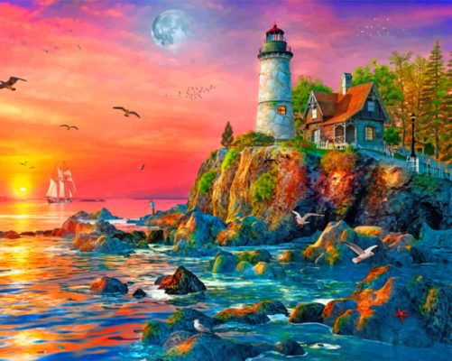 Sunset Lighthouse Cottage Paint By Numbers