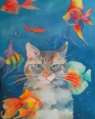 Cat With Fishes In The Water Paint by numbers