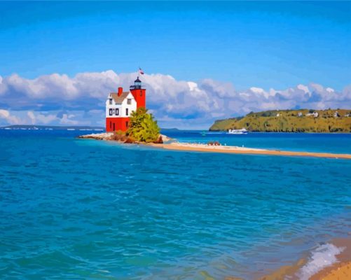 cool Round Island Lighthouse paint by numbers