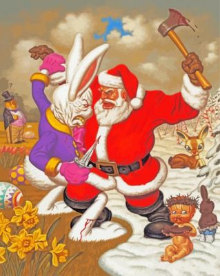 Santa Fighting Wiith A Big Rabbit paint by numbers