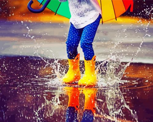 Child jumping in puddle paint by number