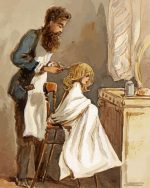 Hairstylist man doing little girl hair paint by numbers