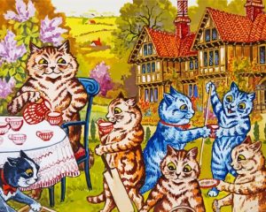 Louis Wain Cats drinking tea paint by number