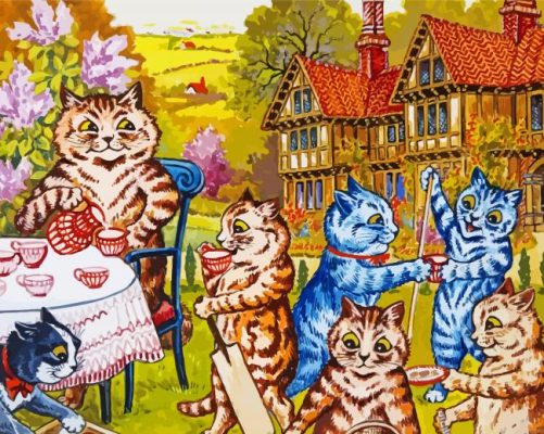 Louis Wain Cats drinking tea paint by number
