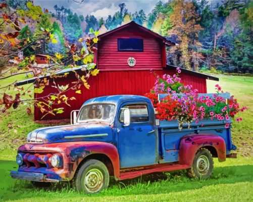 Aesthetic Old Truck And Flowers Paint by numbers