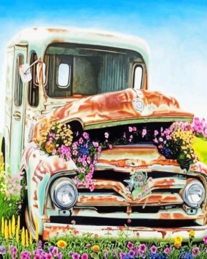 Old Truck And Flowers Illustrations Paint by numbers
