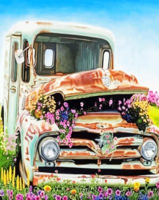 Old Truck And Flowers Illustrations Paint by numbers