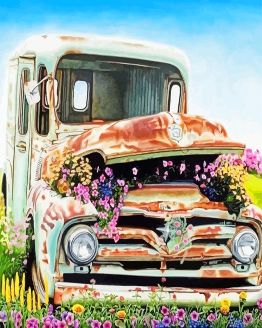 Old Truck And Flowers Illustrations Paint by numbers