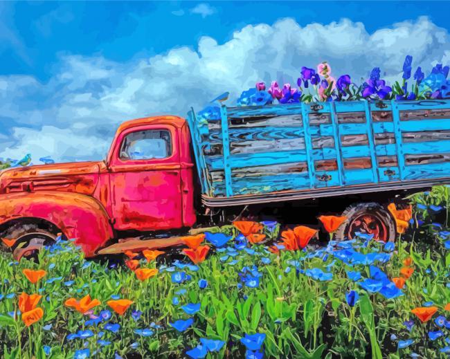 Vintage Old Truck And Flowers Paint by numbers