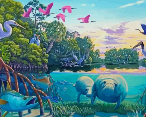 manatees in the river art paint by numbers