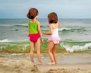 Two Little Girls Running on Beach paint by numbers