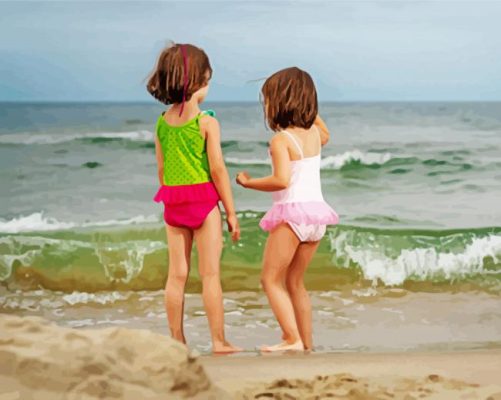 Two Little Girls Running on Beach paint by numbers