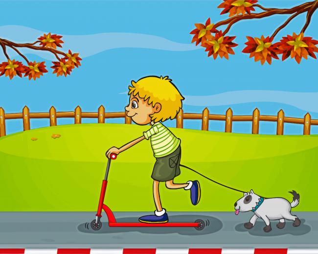 Aesthetic Boy With Scooter And Dog paint by numbers