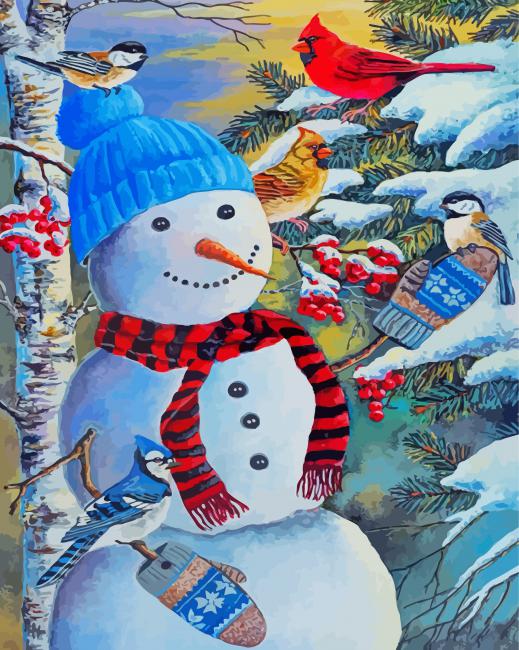 Cute Snowman With Birds paint by numbers