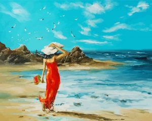 Lady In Red By The Seaside paint by number