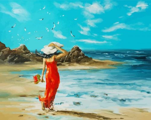 Lady In Red By The Seaside paint by number