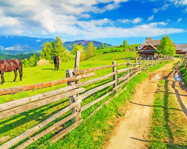 Aesthetic Farm Horses Landscape paint by number p