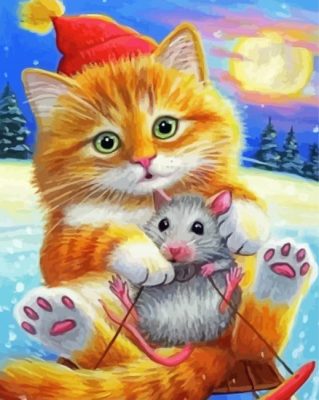 Aesthetic Cat With Mouse Illustration paint by numbers