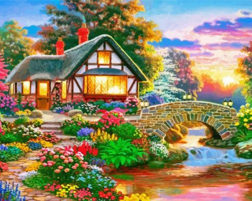 Bridge House Landscape paint by numbers