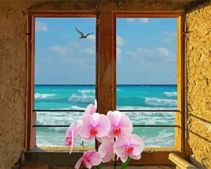 Flowers In Window By Sea paint by numbers