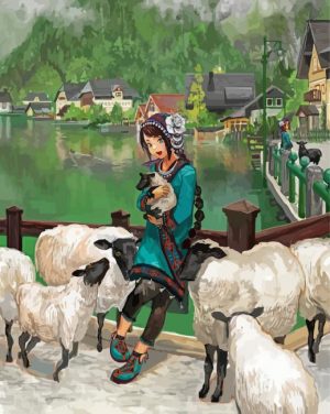 Girl With Sheeps paint by numbers