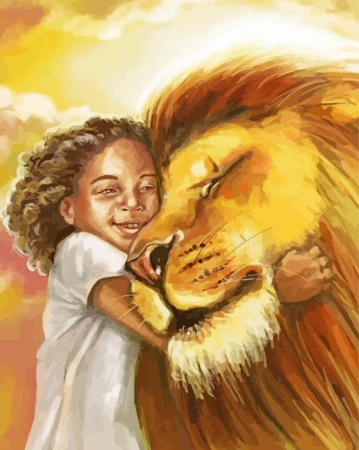 Girl Hugging Lion paint by numbers