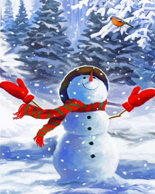Snowman Playing With A Bird Paint By Number