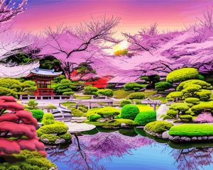 Cherry Blossoms Japanese Garden paint by number