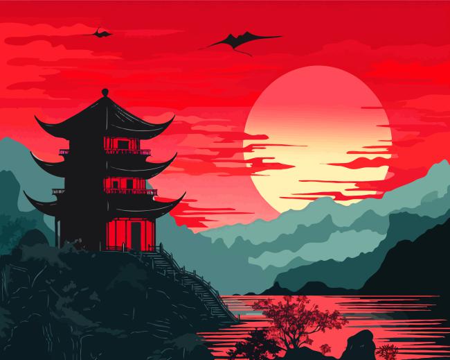 Red Chinese Scenery Paint By Number