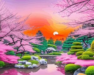 Japanese Garden At Sunset paint by number