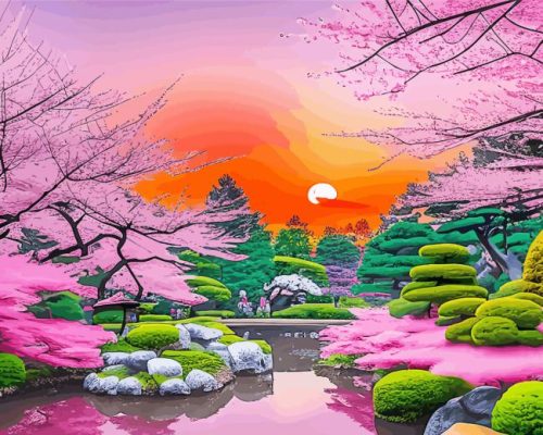 Japanese Garden At Sunset paint by number