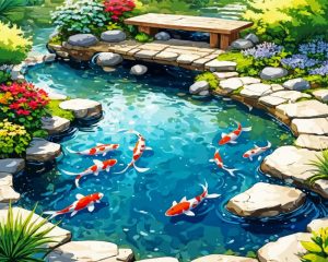 fishpond in garden paint by number