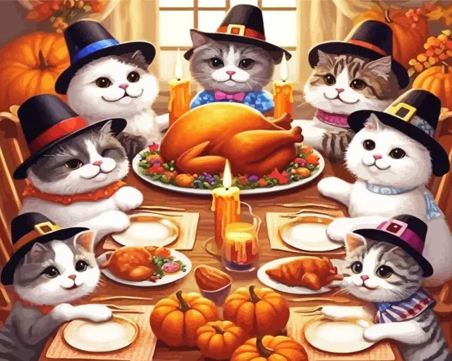 Cats Celebrating Thanksgiving Paint by Number