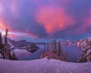 Beautiful View Of Crater Lake In Snow Paint by Number