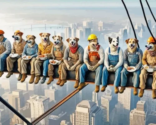 Dogs Eating Lunch atop a Skyscraper Paint by Number