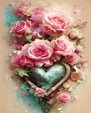 Metal Heart And Pink Roses Paint By Numbers